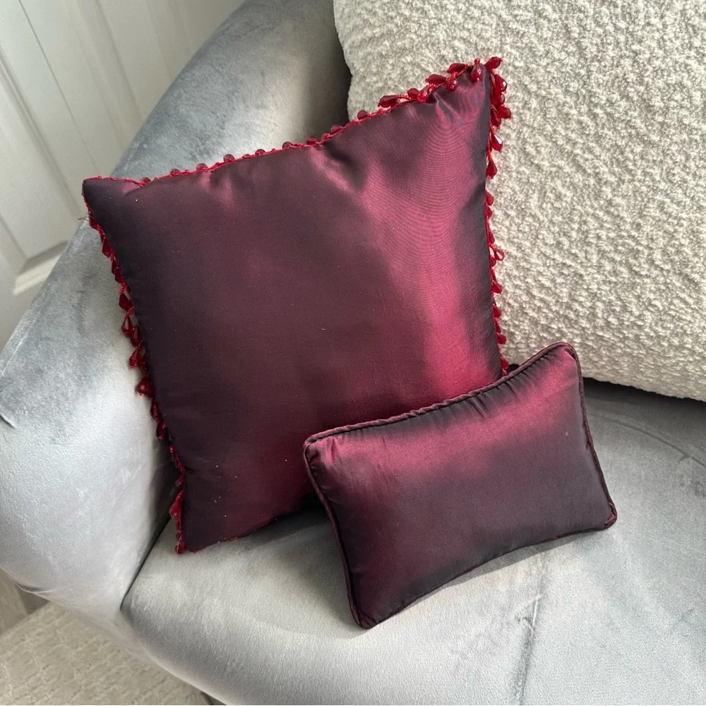 Vintage Burgundy Beaded Floral Pillow Set 2pc Boho Glam Decor 11” 6x8